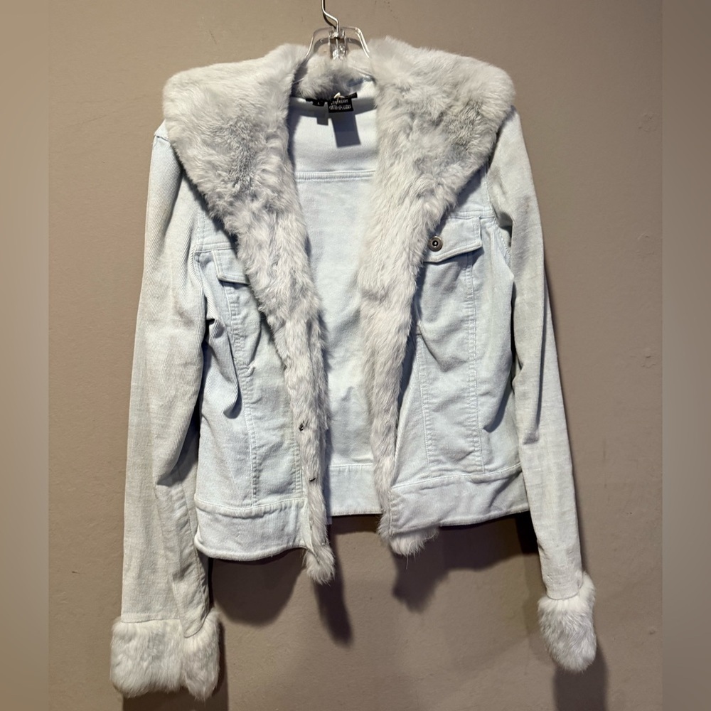 Sheri Bodell Vintage Light Blue Denim Corduroy Jacket with Fur - Picture 3 of 4